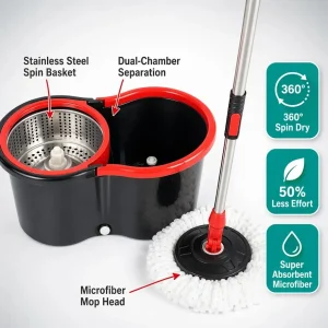 Mop with Long Telescopic Steel Handle microfiber cloth 360 Spin for Effective Floor Cleaning kit