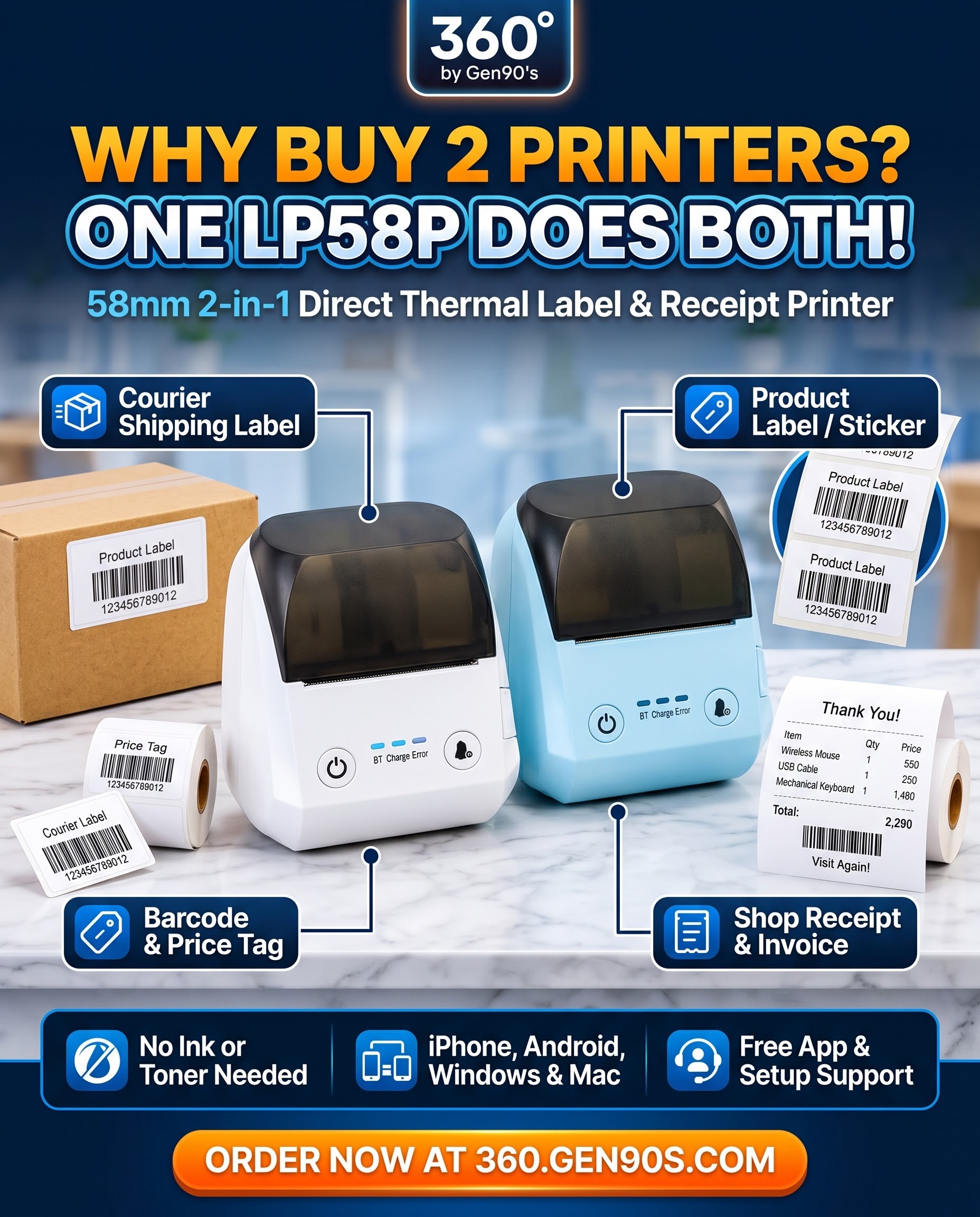LP58P 2-in-1 Direct Thermal Label &amp; Receipt Printer (12–58mm)